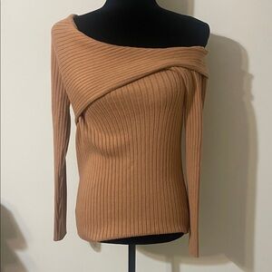 Heartloom Camel Ribbed Off-Shoulder Sweater